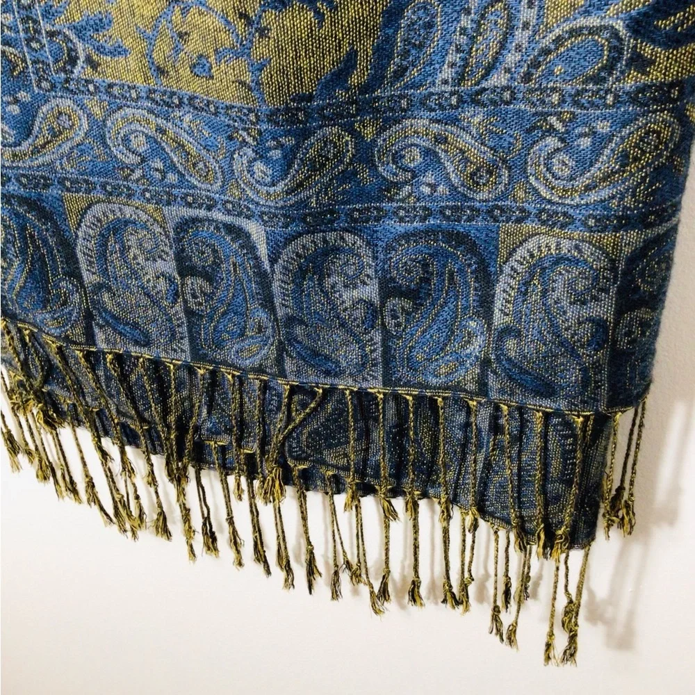 pashmina Olive Green and Navy Blue Paisley Fringe Wrap